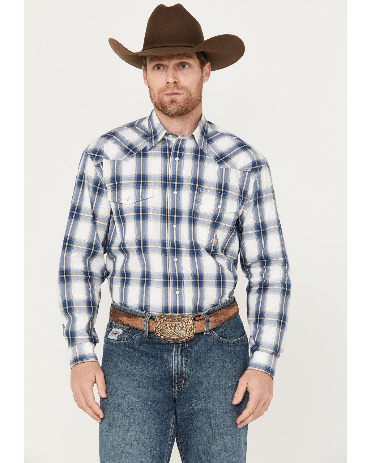 Men's Roper Amarillo Plaid Print Long Sleeve Western Pearl Snap Shirt