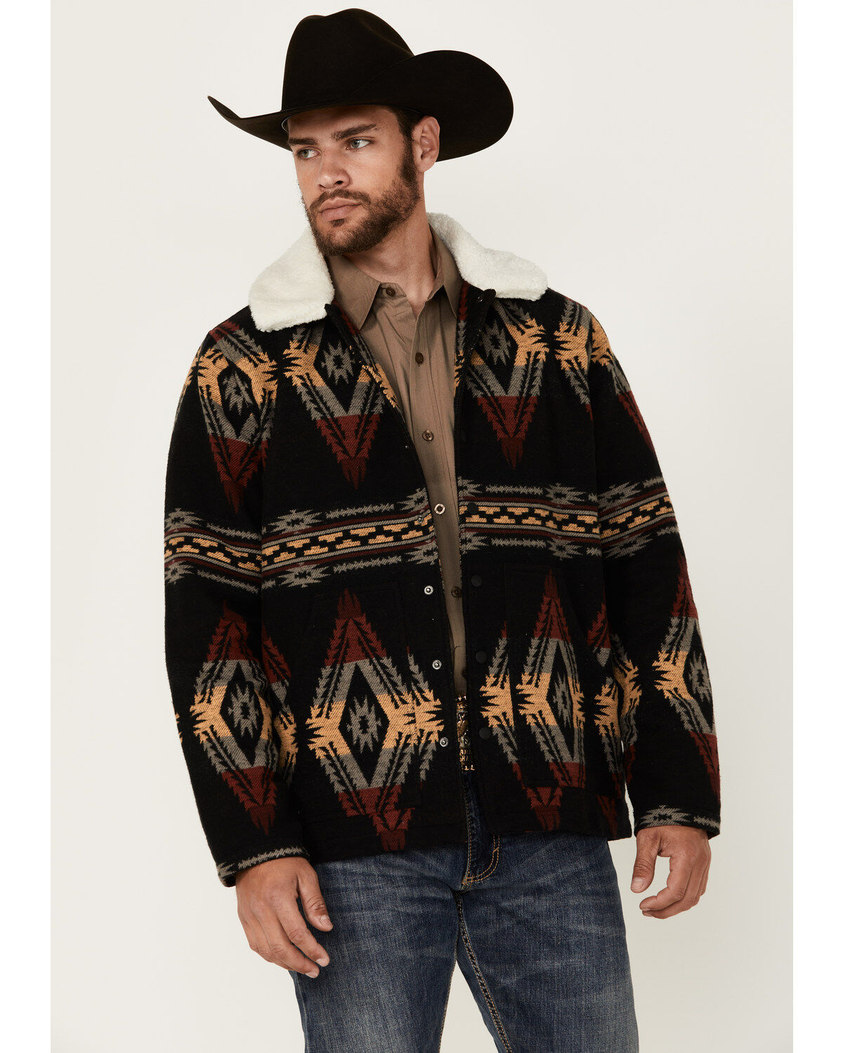 Men's Rock & Roll Denim Southwestern Print Snap Jacket