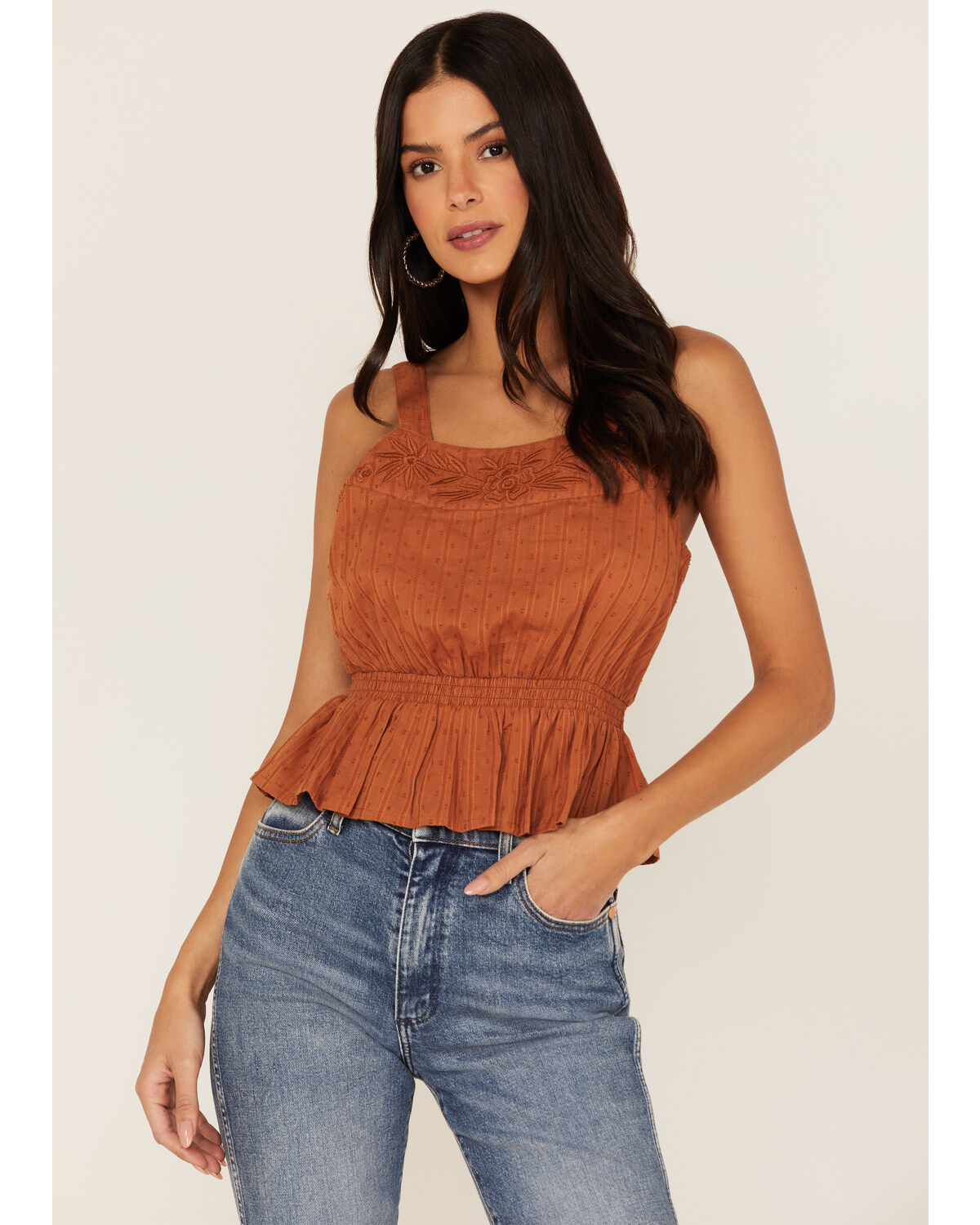 Women's Shyanne Swiss Dot Embroidered Smocked Waist Tank Top