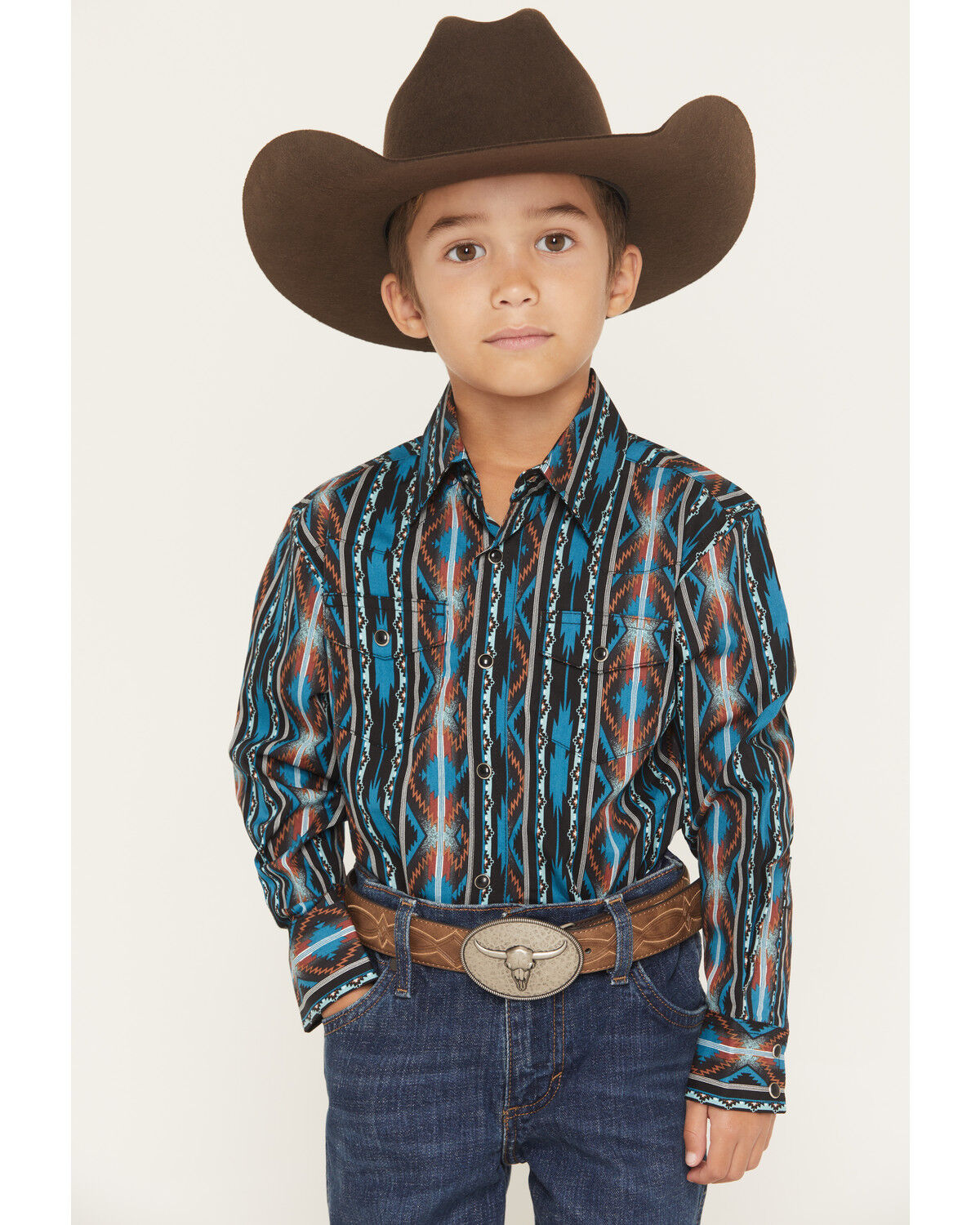 The product is a boys' shirt that is teal in color and features a stretchable fabric, making it a perfect match for the keyword.