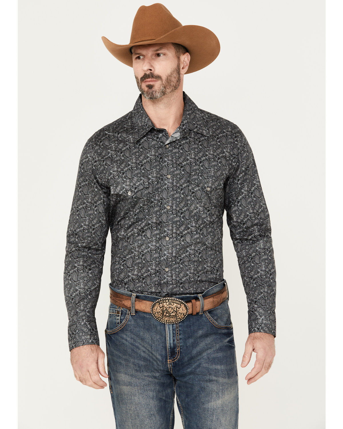 Men's Rock & Roll Denim Paisley Print Long Sleeve Stretch Pearl Snap W
