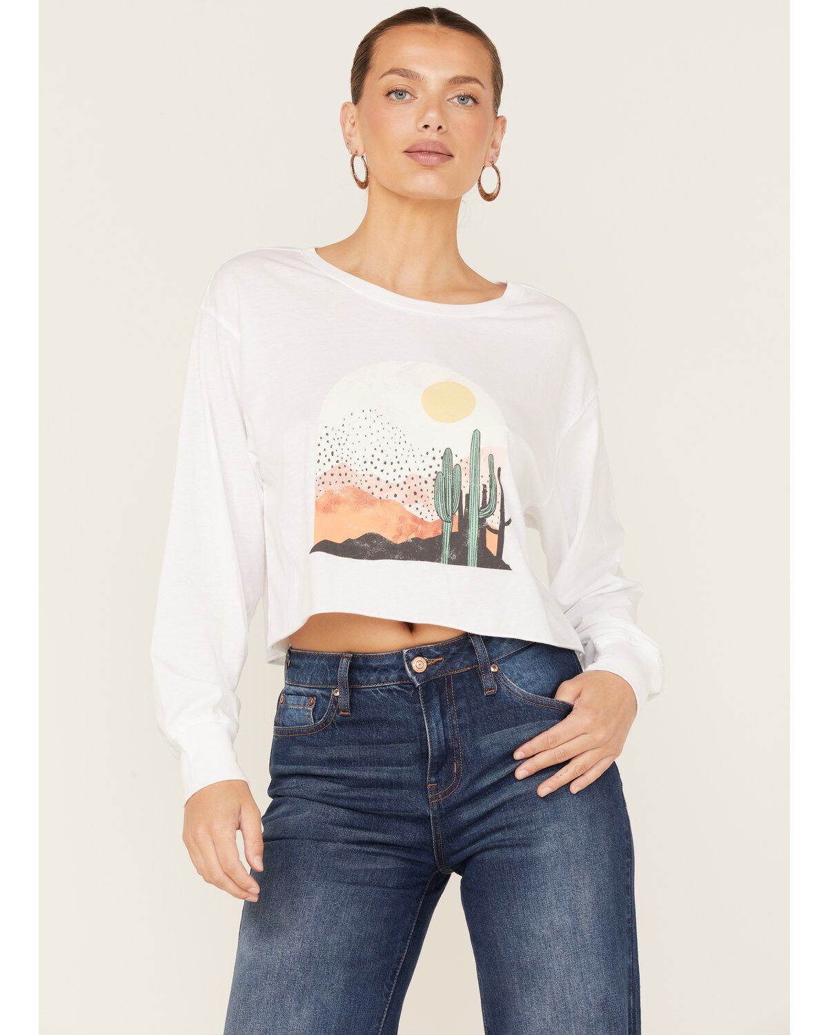 Women's White Crow Desert Cactus Scene Long Sleeve Graphic Tee