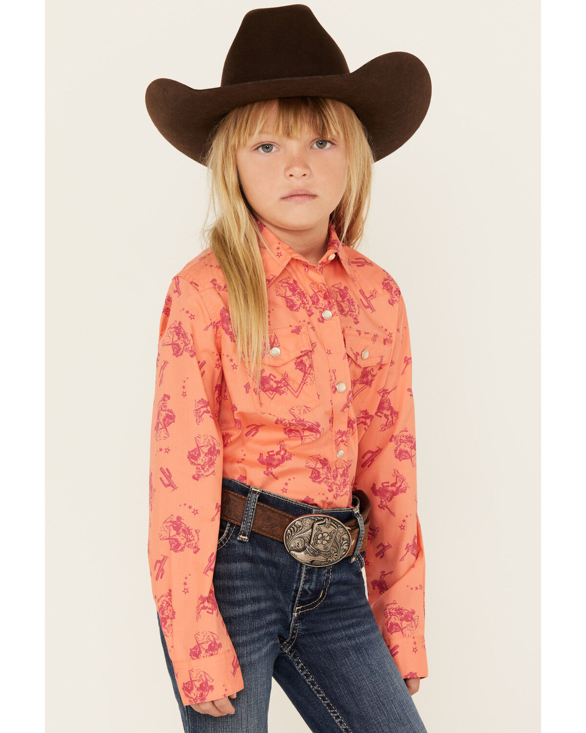 Girls' Wrangler Conversation Print Long Sleeve Pearl Snap Western Shir