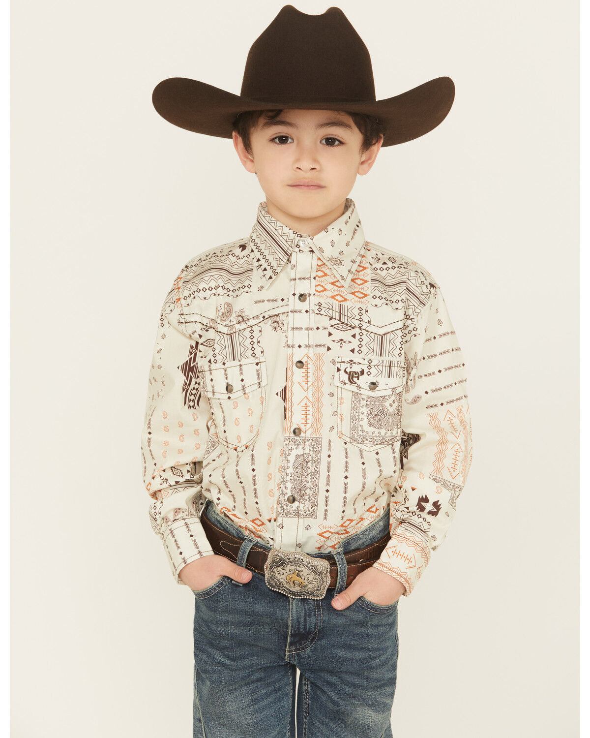 Boys' Cowboy Hardware Southwestern Bandana Print Long Sleeve Snap Stre