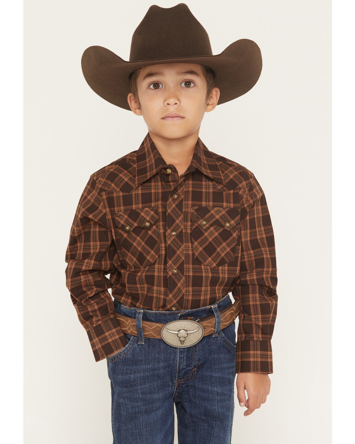 Boys' Wrangler Retro Plaid Print Long Sleeve Snap Western Shirt