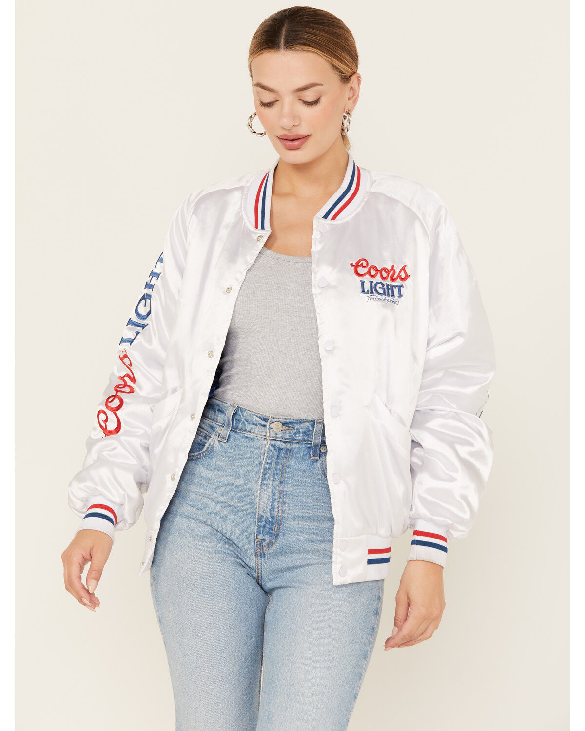 Women's The Laundry Room Faux Satin Coors Light Bomber Jacket