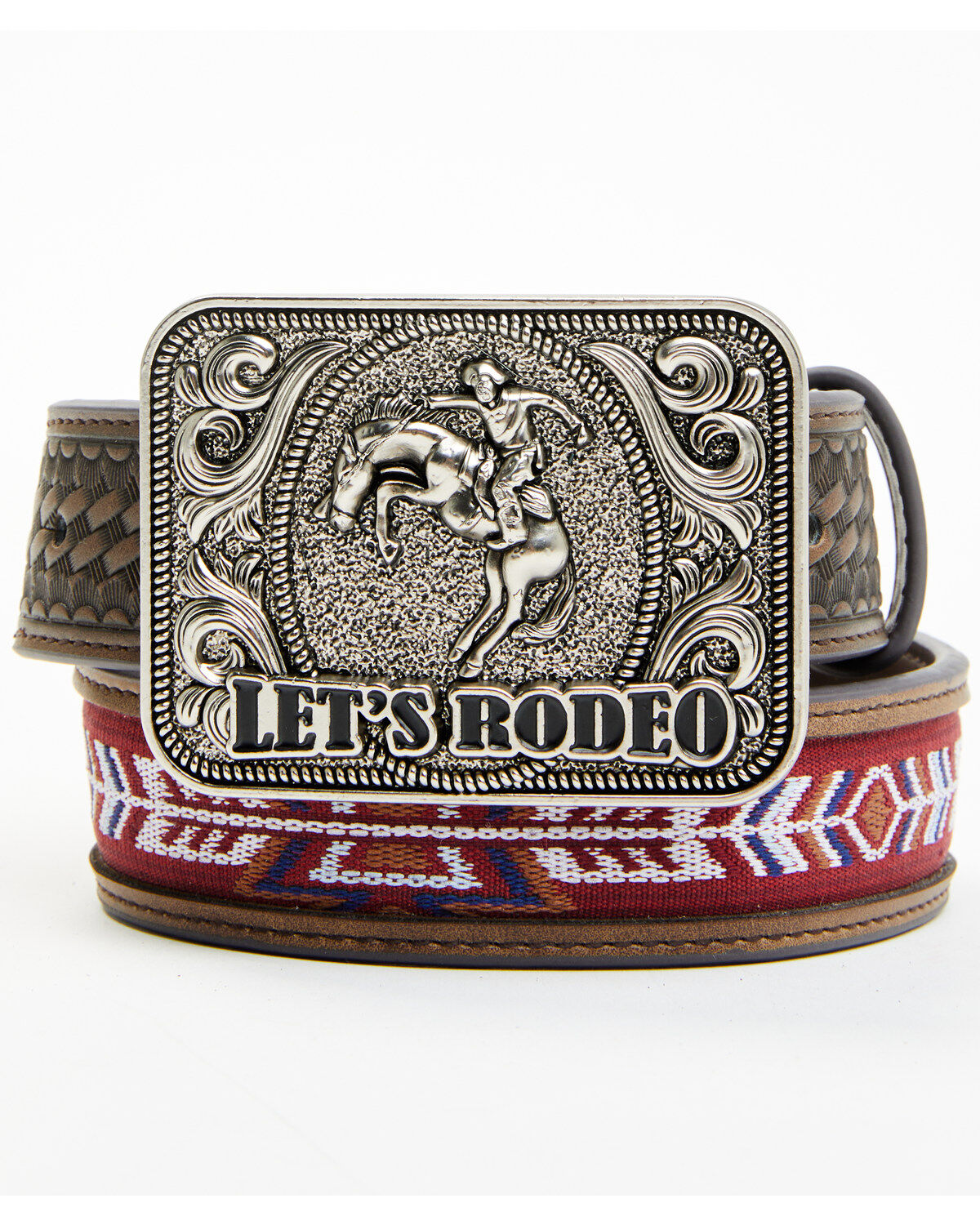 Boys' Cody James Rodeo Buckle Southwestern Woven Inlay Leather Belt