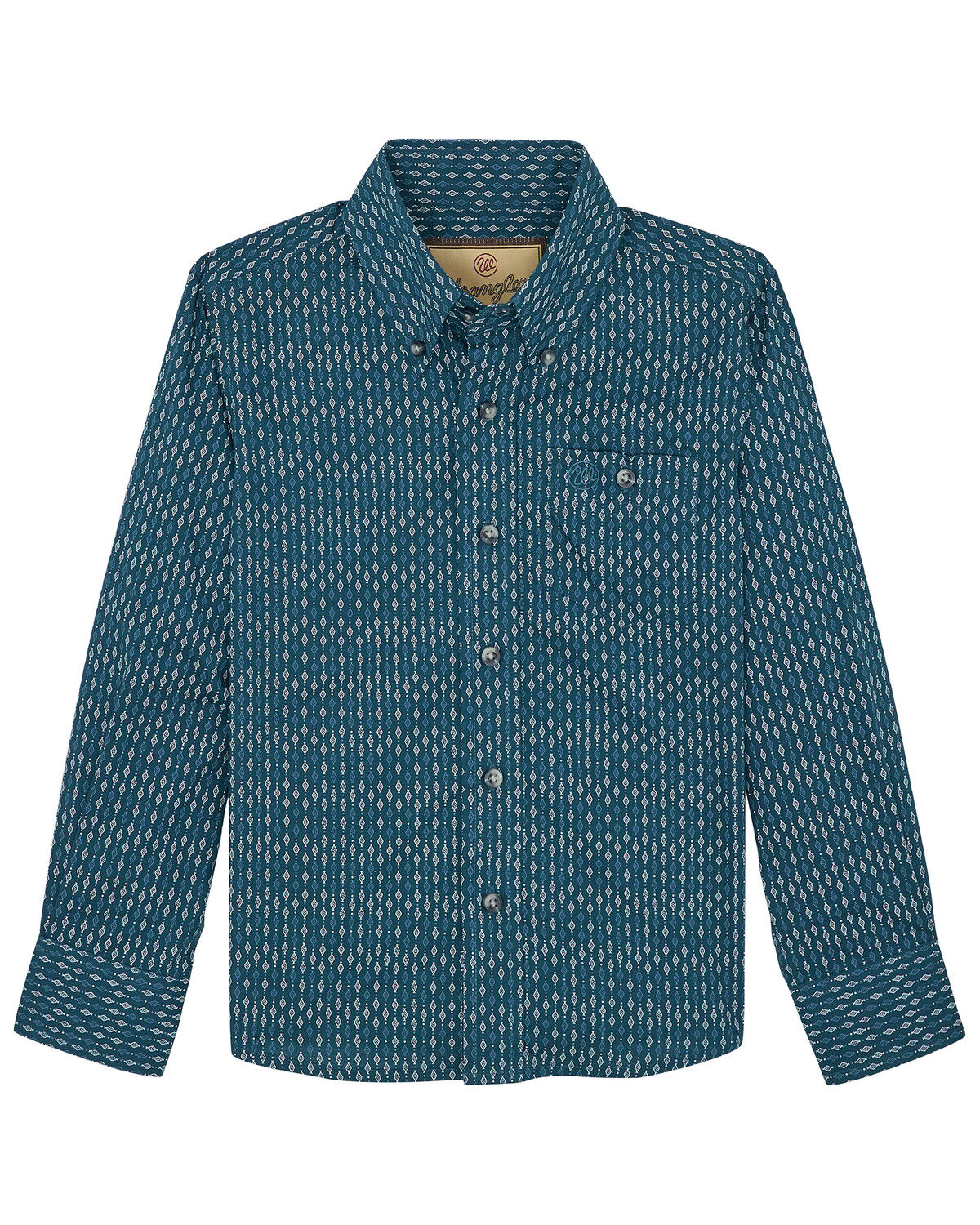 The product is a boys' shirt that is specifically teal in color and fits the description of a stretch shirt with its fabric composition.