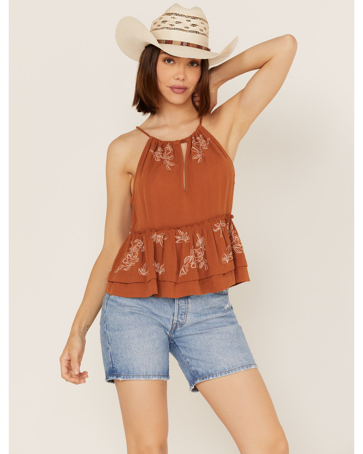 Women's Shyanne Textured Ruffle Embroidered Halter Keyhole Tank Top
