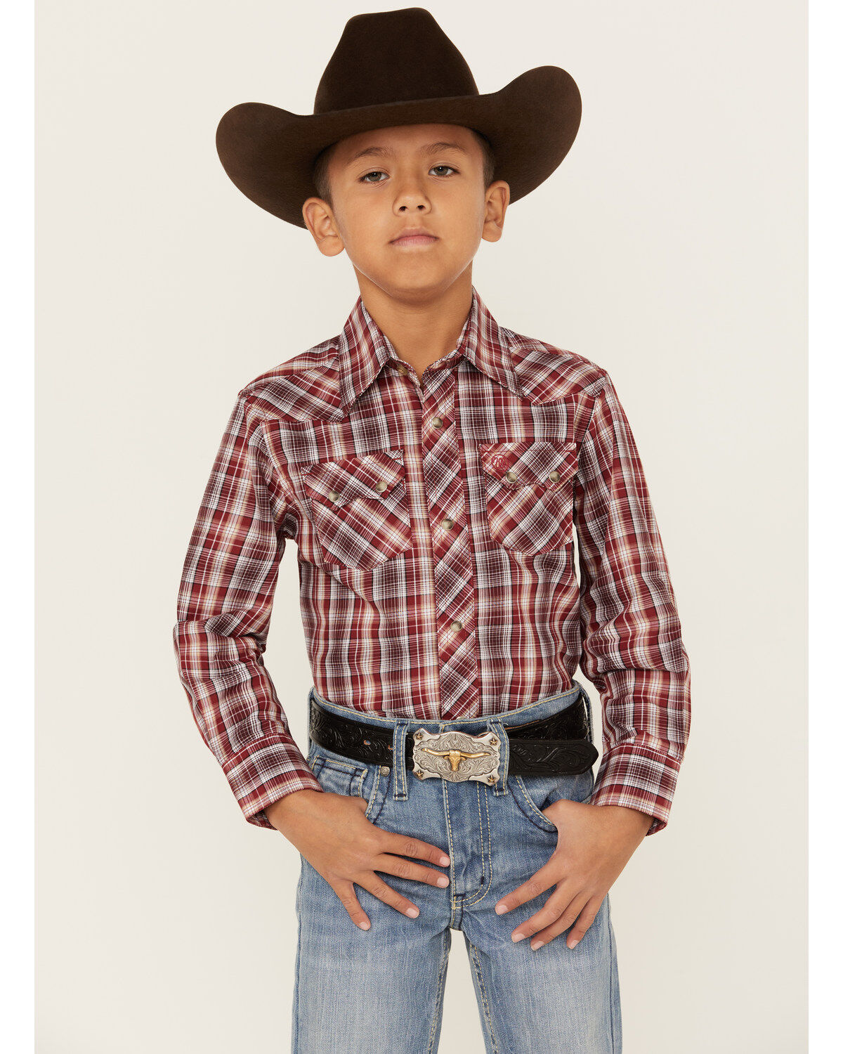 Boys' Wrangler Retro Plaid Print Long Sleeve Snap Western Shirt