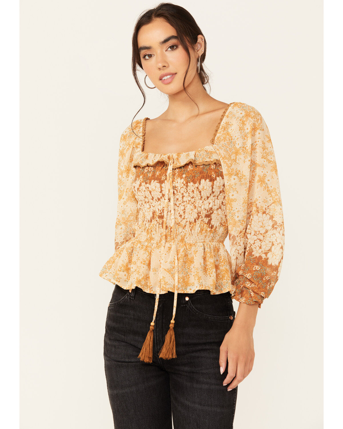 Women's Miss Me Floral Print Long Sleeve Peasant Top