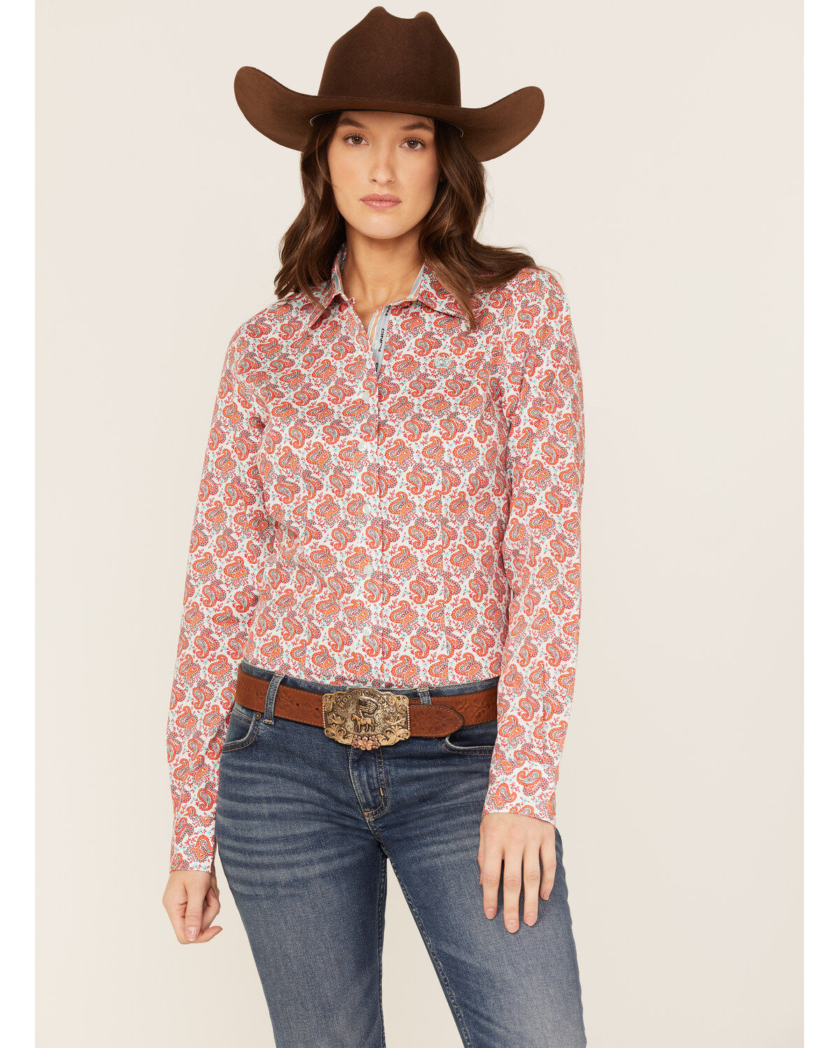 Women's Cinch Paisley Print Long Sleeve Button Down Core Shirt
