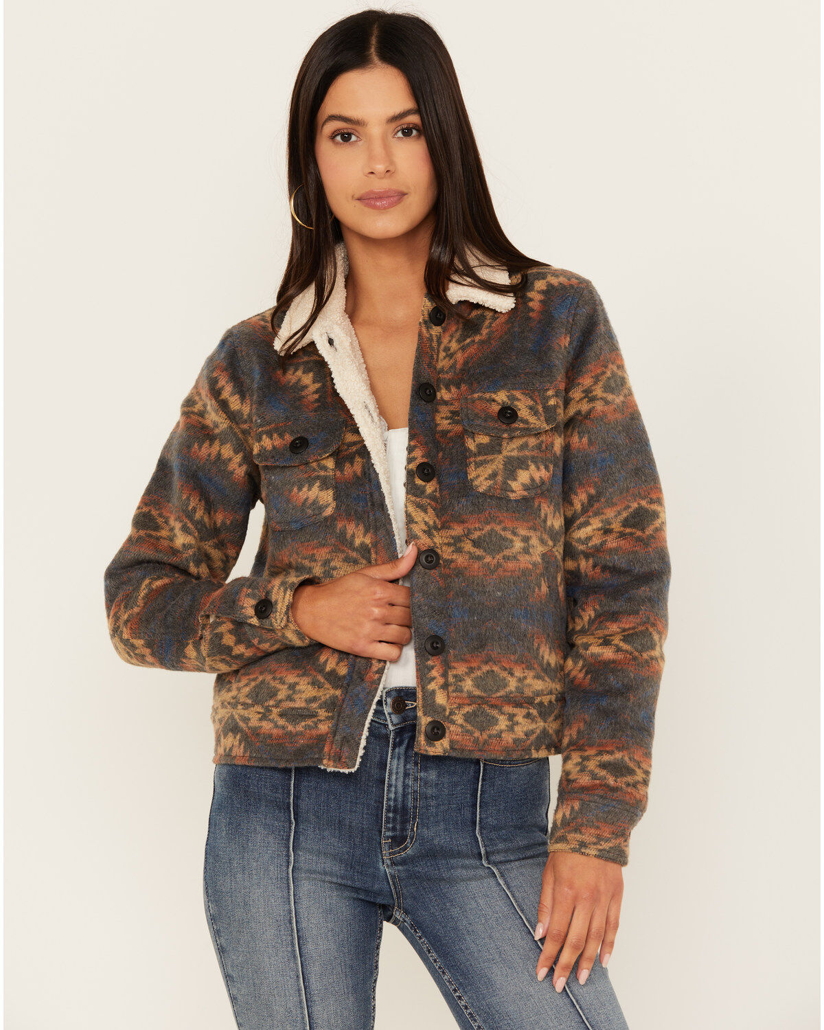 Women's Rock & Roll Denim Southwestern Print Sherpa Jacket