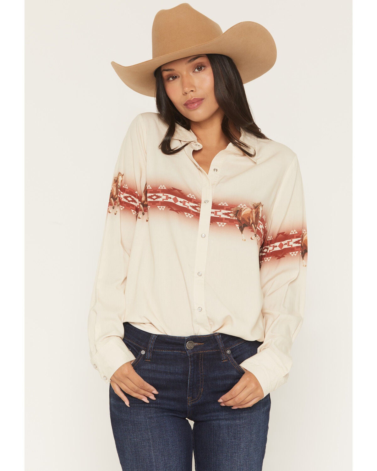 Women's Rock & Roll Denim Running Horse Border Print Oversized Long Sl