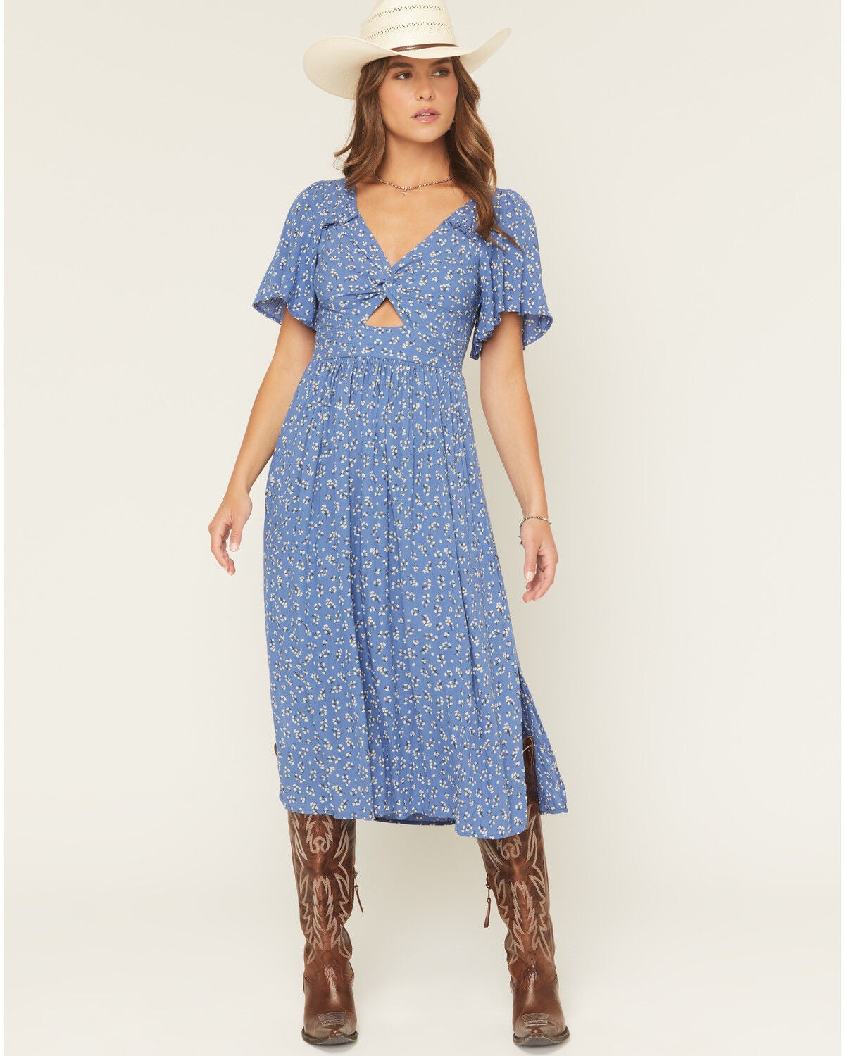 Women's Angie Floral Print Knot Short Sleeve Midi Dress