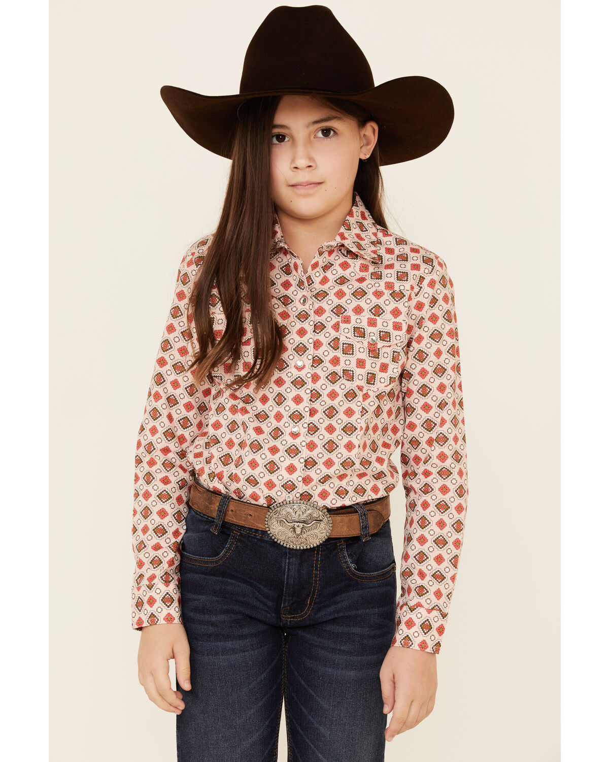 Girls' Cruel Girl Diamond Geo Print Long Sleeve Pearl Snap Western Shi