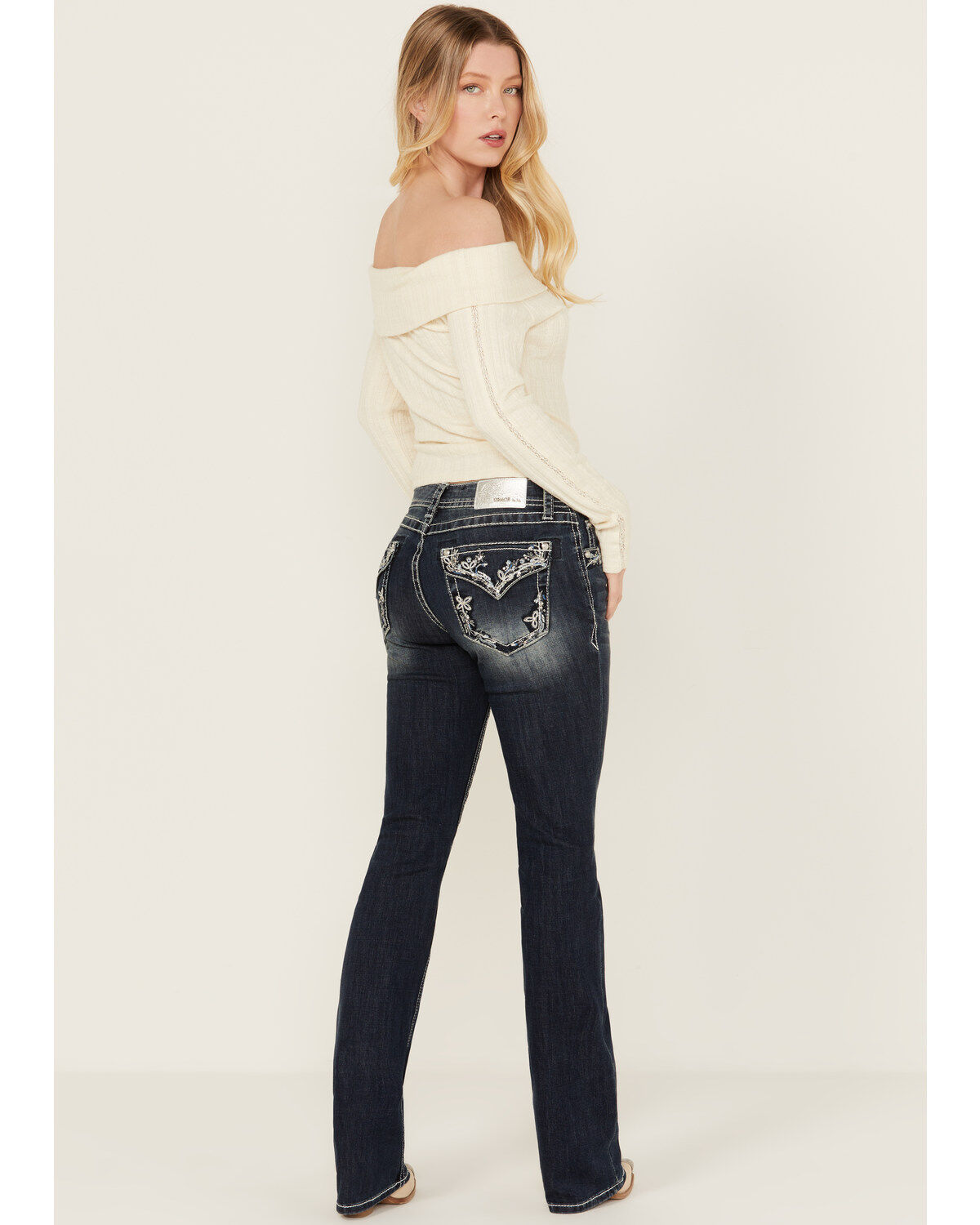 Women's Grace in LA Dark Wash Mid Rise Floral Pocket Bootcut Stretch D