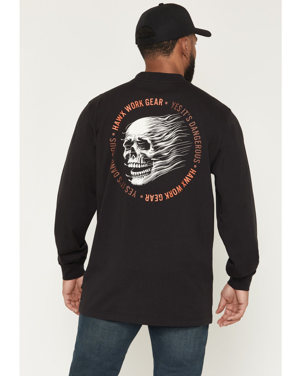 Hawx Men’s Dangerous Long Sleeve Graphic Work T-Shirt in Black, Size Small – 100% Cotton Skull Print Work Shirt