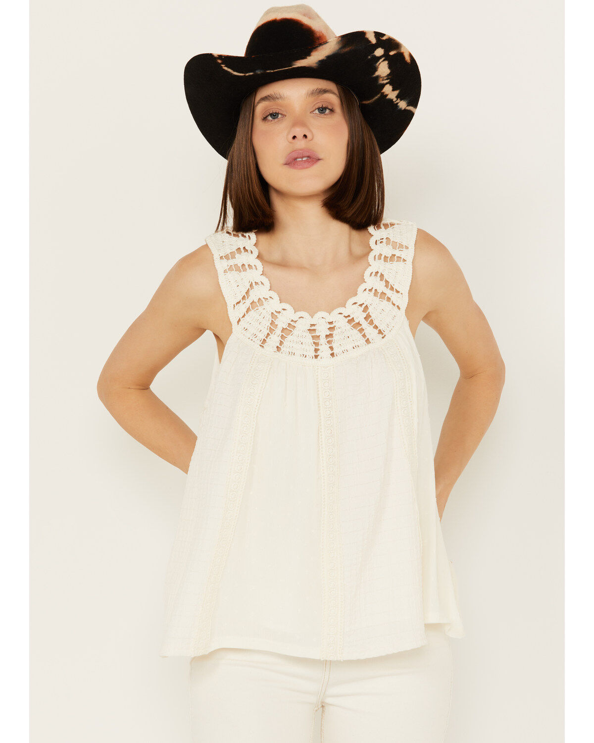 Women's Miss Me Crochet Neck Sleeveless Peasant Top