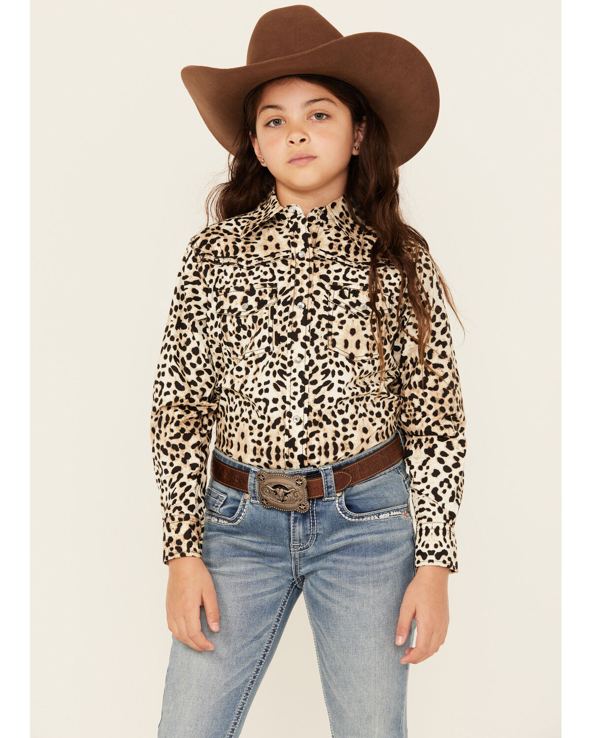 Girls' Cowgirl Hardware Leopard Print Long Sleeve Snap Western Shirt