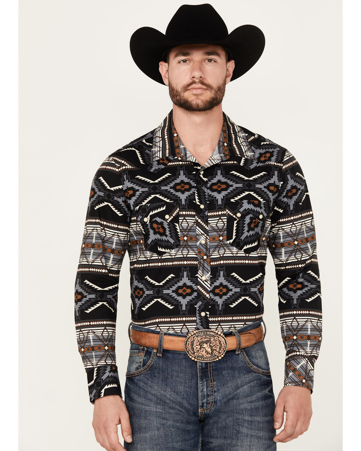 Men's Rock & Roll Denim Southwestern Print Stretch Long Sleeve Snap We