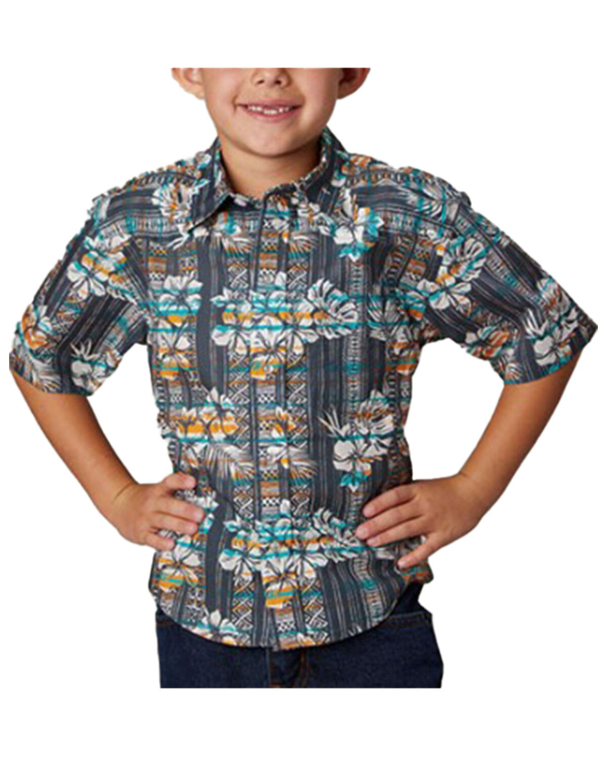 Boys' Roper Hawaiian Floral Print Short Sleeve Snap Western Shirt