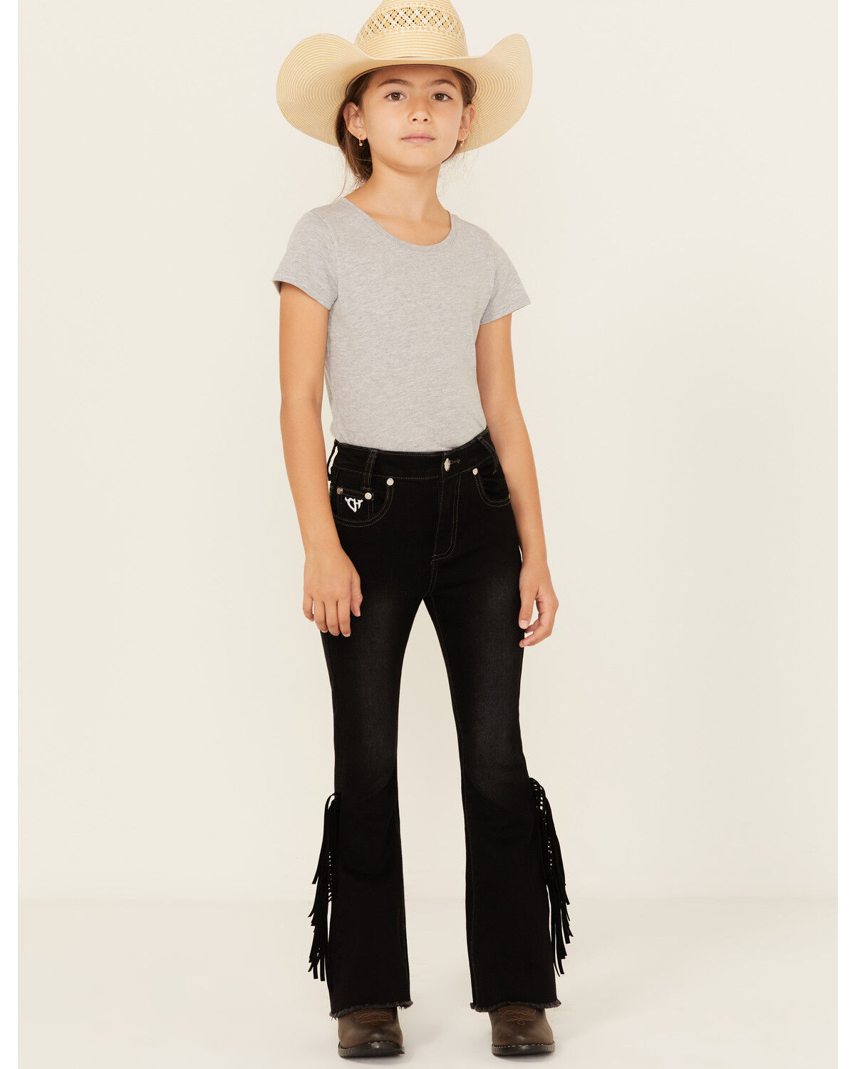Girls' Cowgirl Hardware Side Fringe Bell Bottom Stretch Denim Jeans