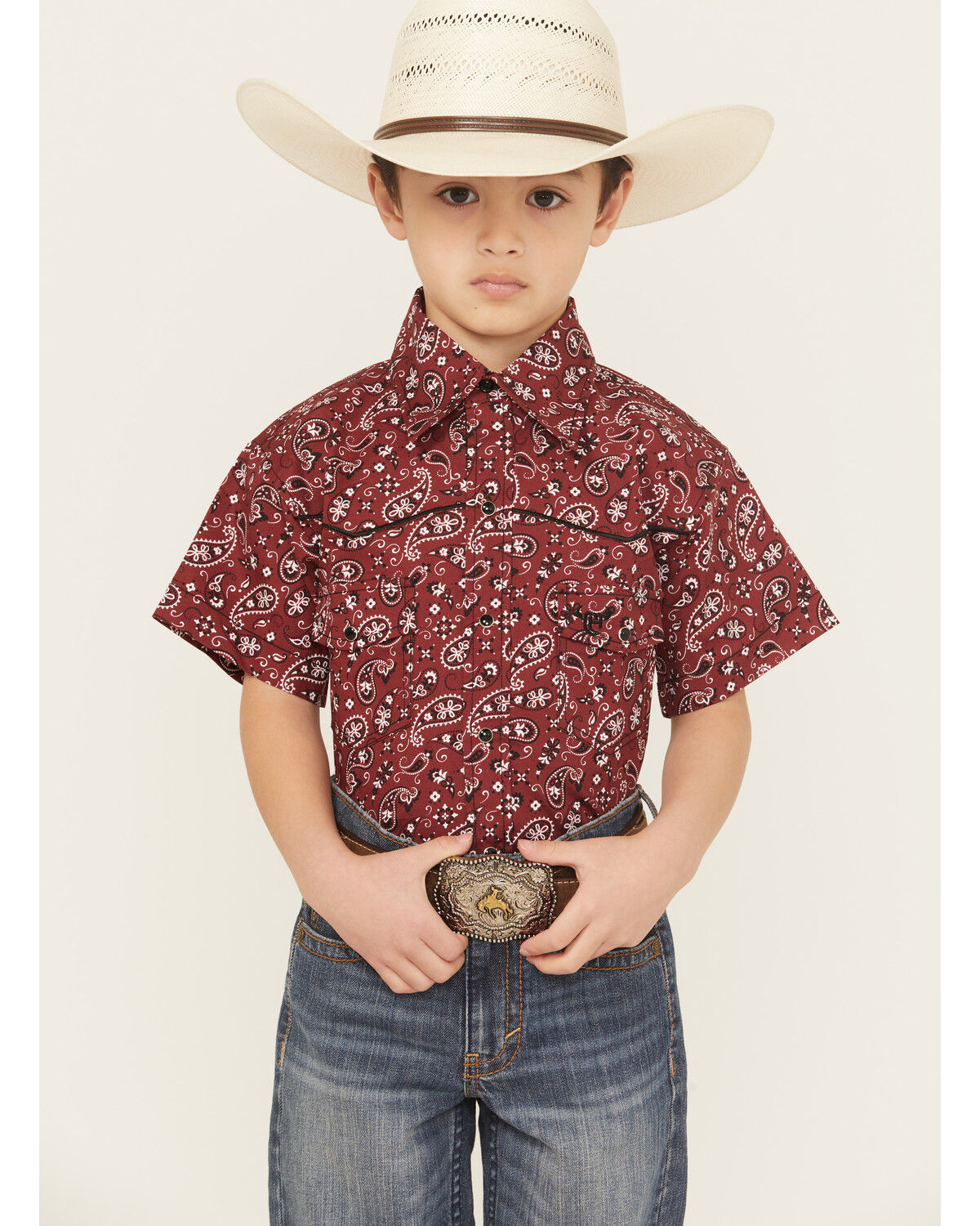 Boys' Cowboy Hardware Paisley Print Short Sleeve Snap Stretch Western