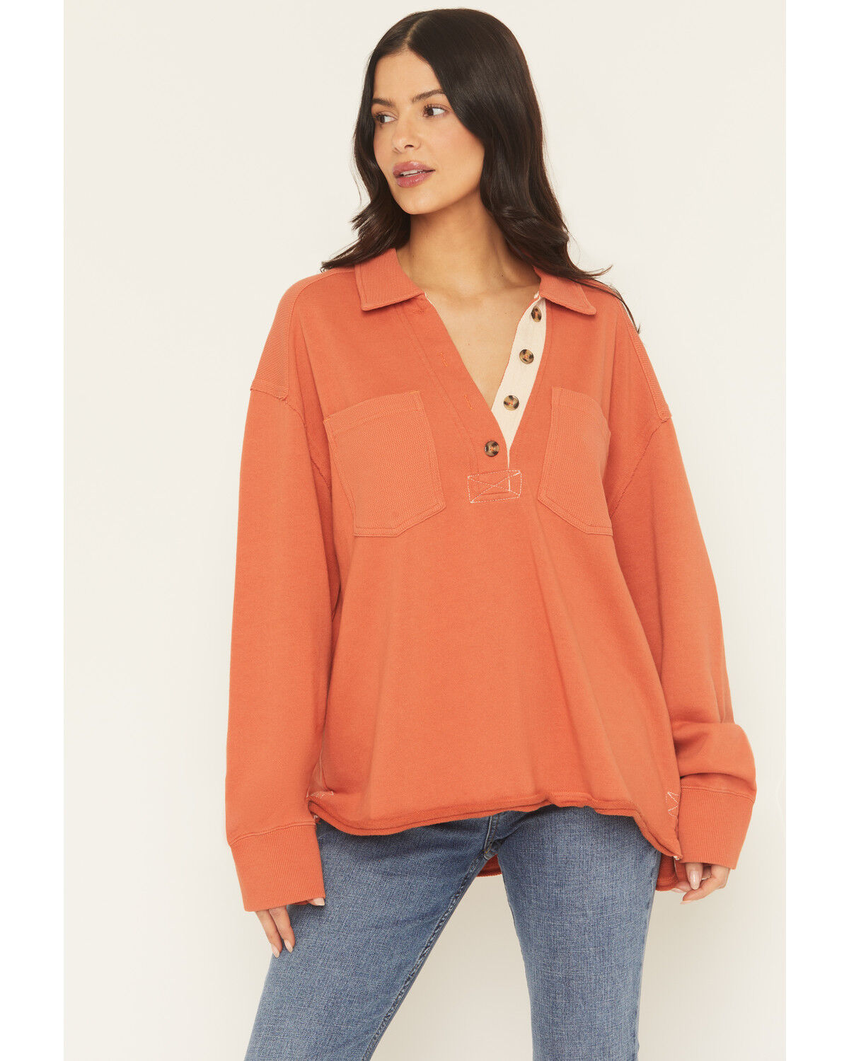 Women's Cleo & Wolf Solid French Terry Long Sleeve Quarter Button-Down
