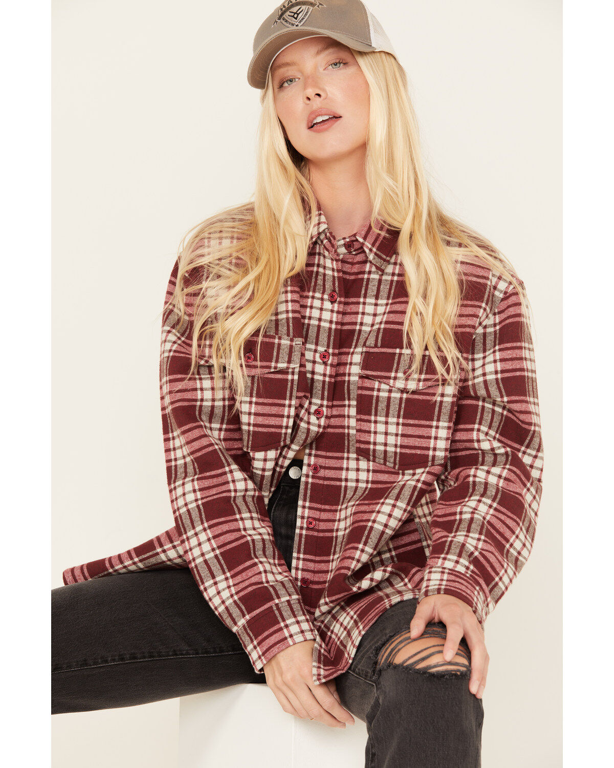 Women's Cleo + Wolf Plaid Print Long Sleeve Button-Down Oversized Shac