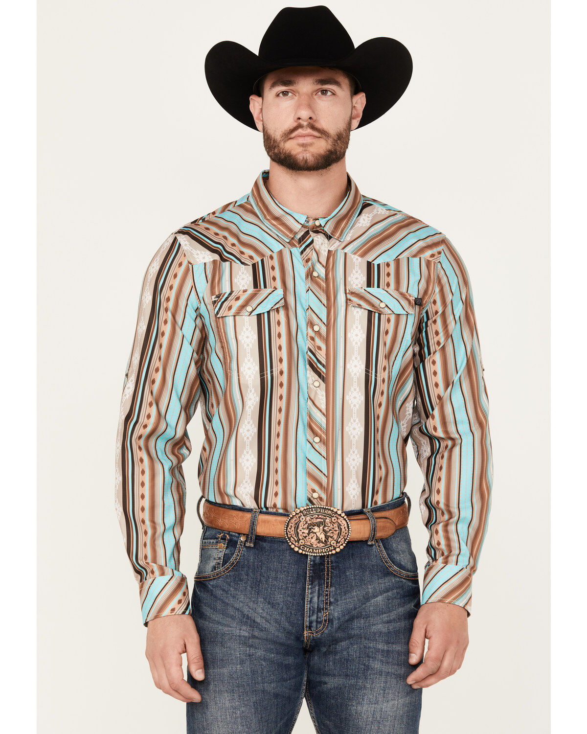 Men's Rock & Roll Denim Serape Striped Long Sleeve Performance Snap We