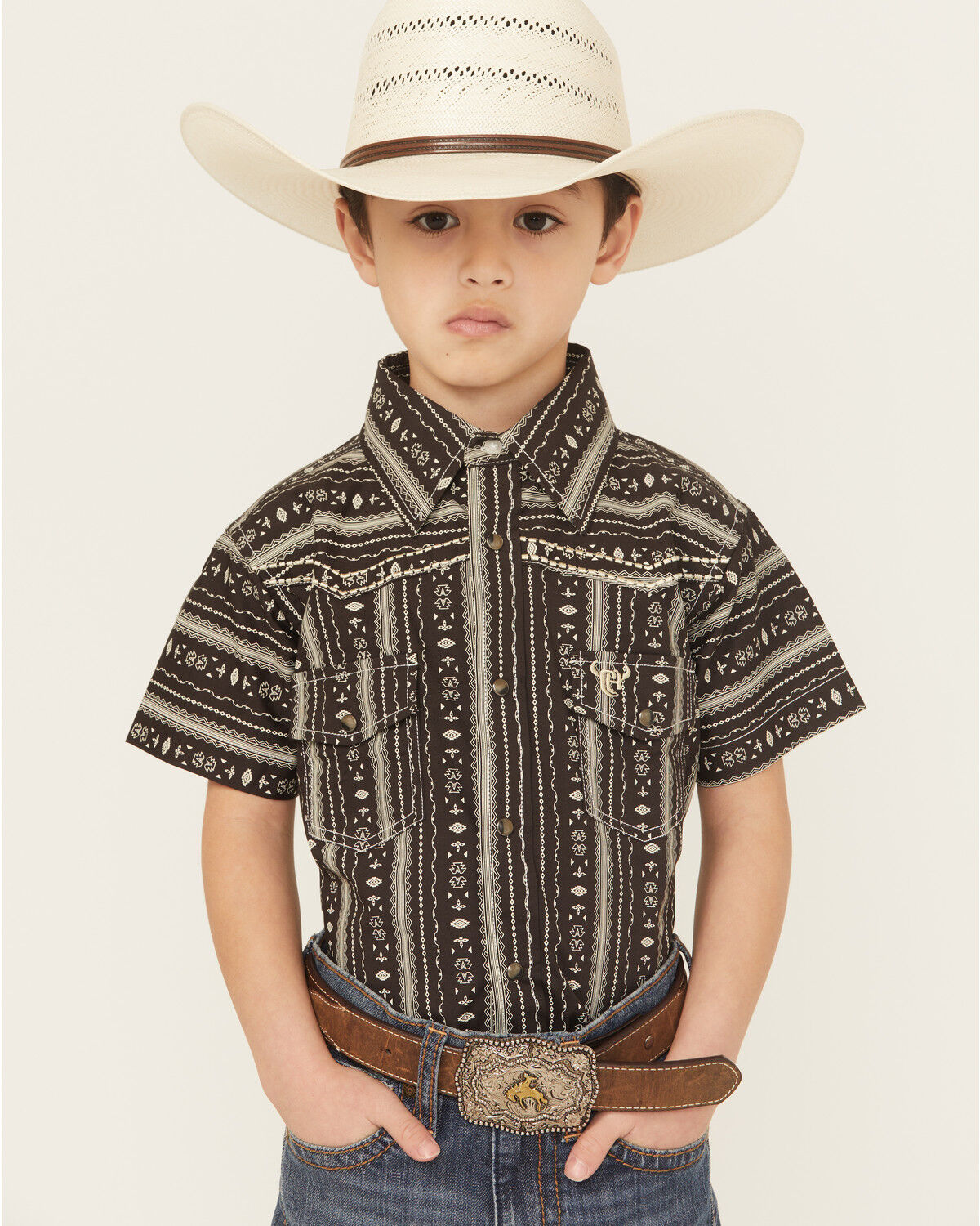 Boys' Cowboy Hardware Stripe Southwestern Print Short Sleeve Snap Stre