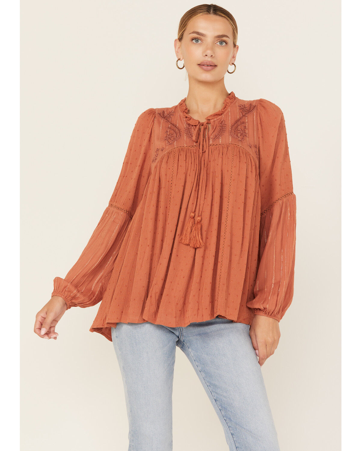 Women's Miss Me Embroidered Long Sleeve Blouse
