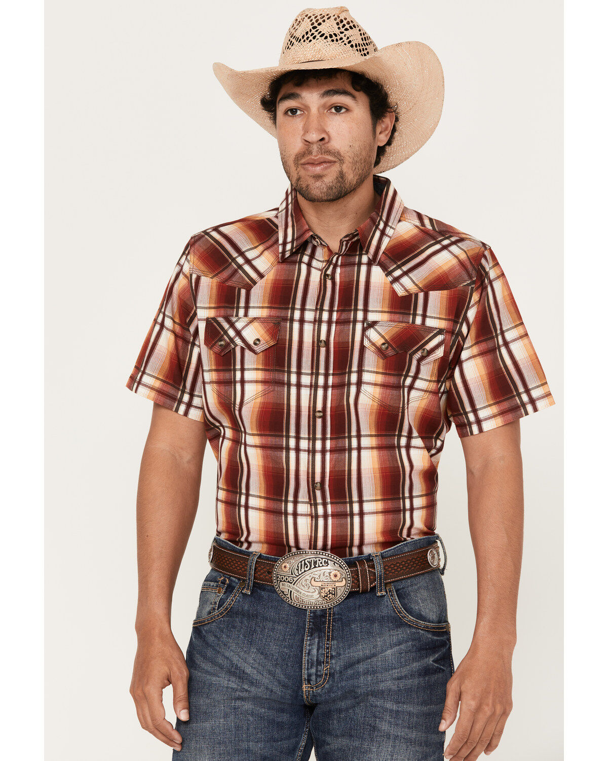 Men's Moonshine Spirit Hound Dog Plaid Print Short Sleeve Snap Western