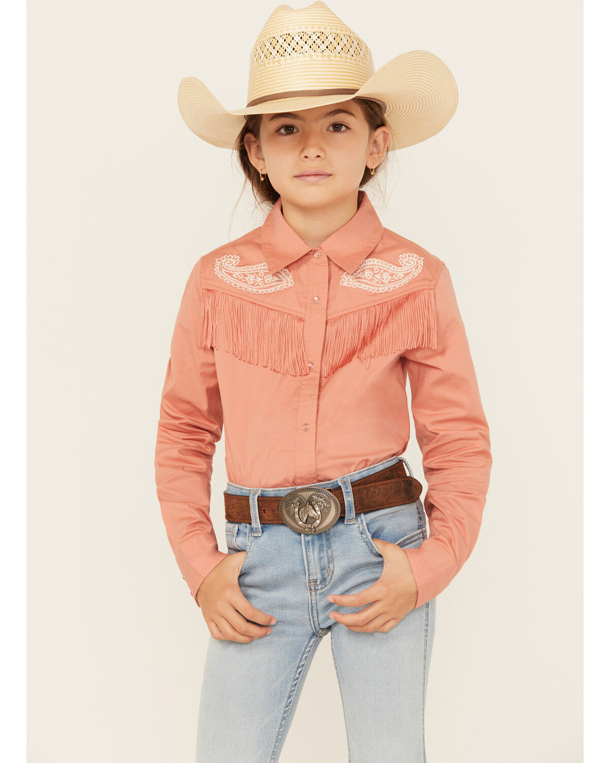 Girls' Shyanne Western Embroidered Fringe Long Sleeve Snap Stretch Wes