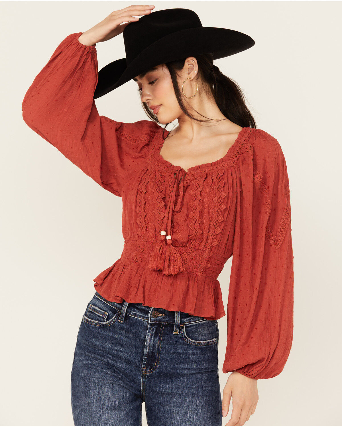 Women's Miss Me Embroidered Long Sleeve Peasant Top