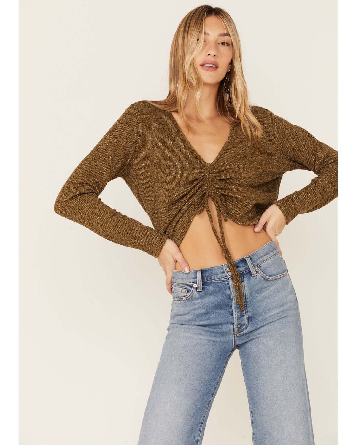 Women's Cinch Wild Moss Olive Ribbed Lurex Front Knit Top