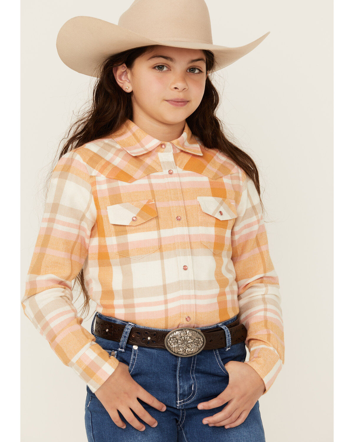 Girls' Shyanne Oak Plaid Print Long Sleeve Pearl Snap Flannel Shirt