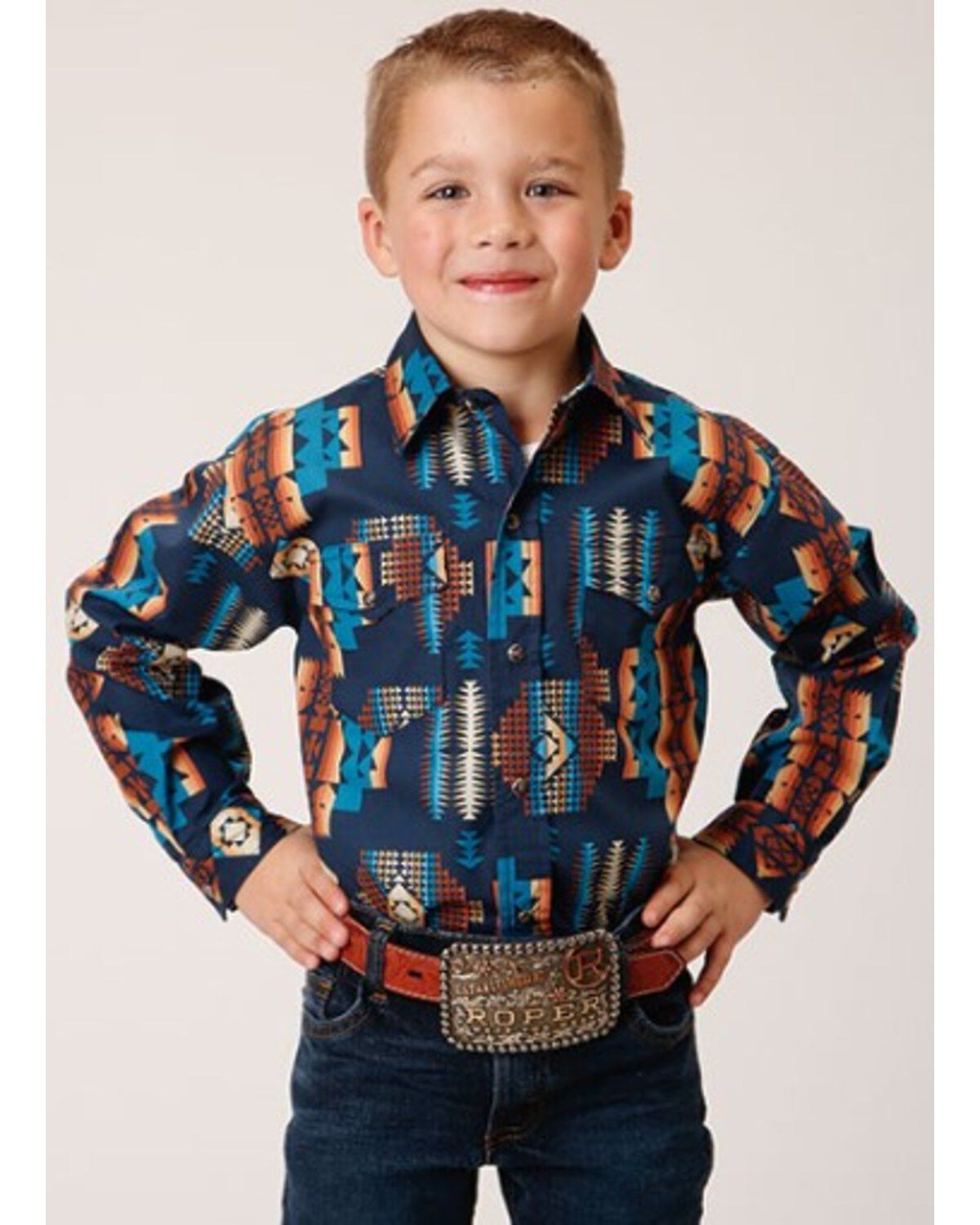 Boys' Roper Vintage Style Vertical Southwestern Print Long Sleeve Snap