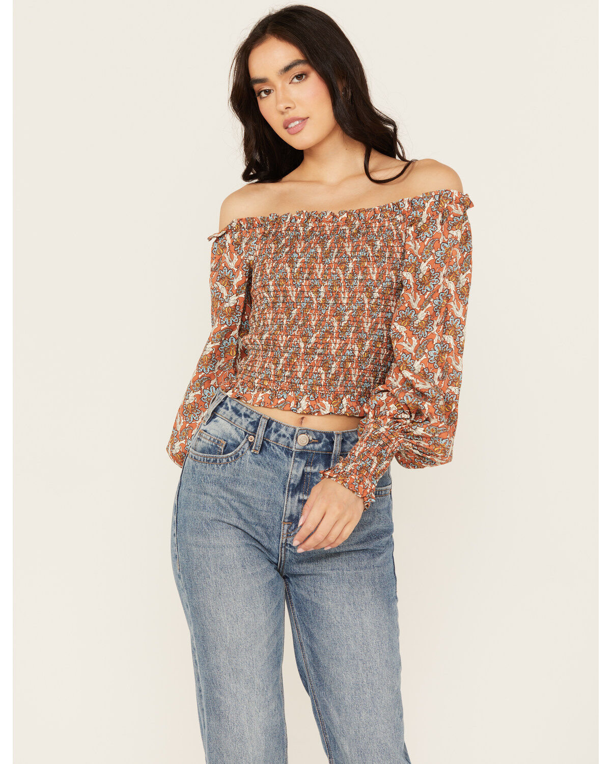 Women's Rock & Roll Denim Smocked Off The Shoulder Long Sleeve Top