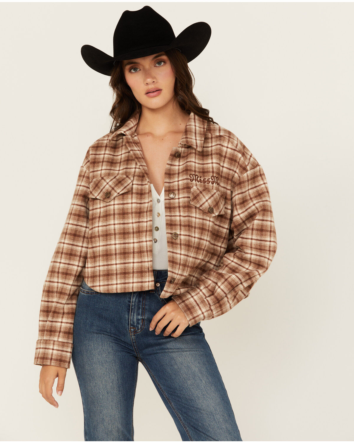Women's Miss Me Plaid Print Button-Down Cropped Shacket