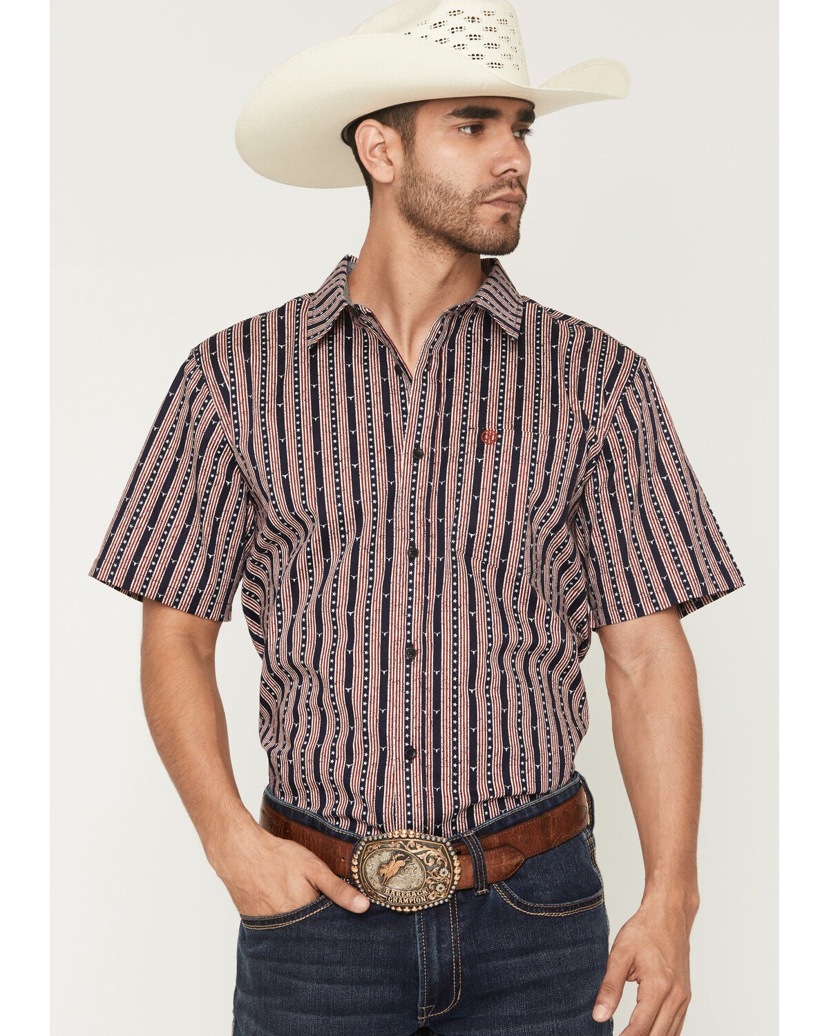 Men's Cody James Stripe Steerhead Short Sleeve Button-Down Stretch Wes