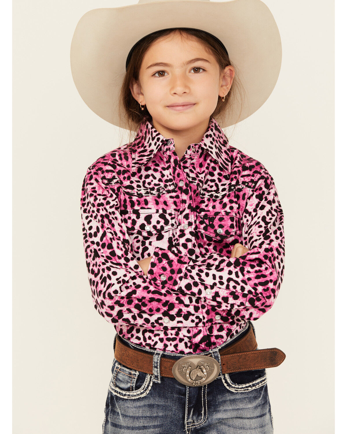 Girls' Cowgirl Hardware Leopard Print Long Sleeve Snap Western Shirt