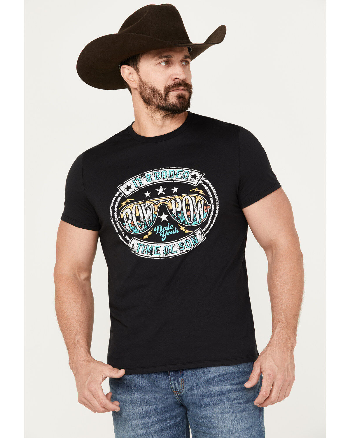 Men's Rock & Roll Denim Pow Pow Rodeo Short Sleeve Graphic T-Shirt