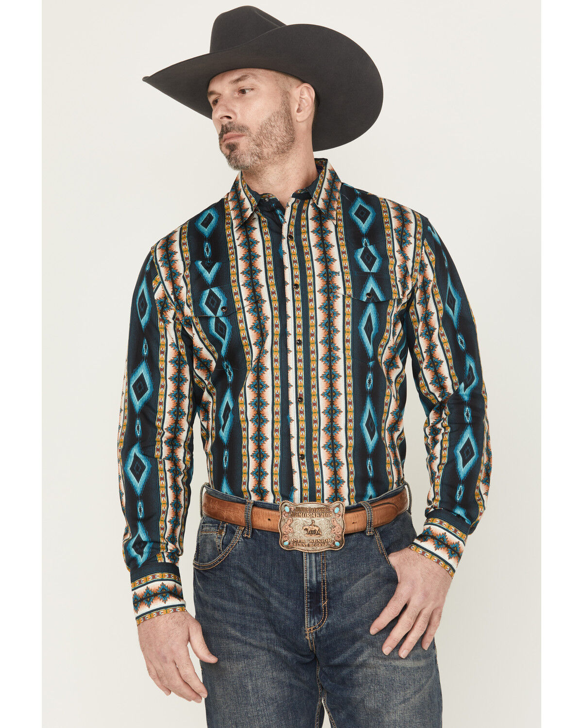 Men's Wrangler Checotah Southwestern Print Long Sleeve Snap Western Sh