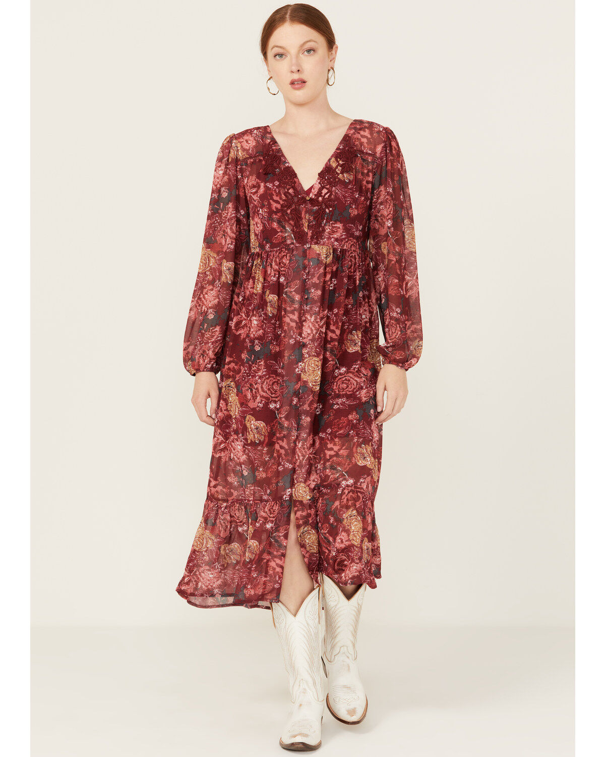 Women's Beyond The Radar Floral Print Crochet Trim Midi Dress