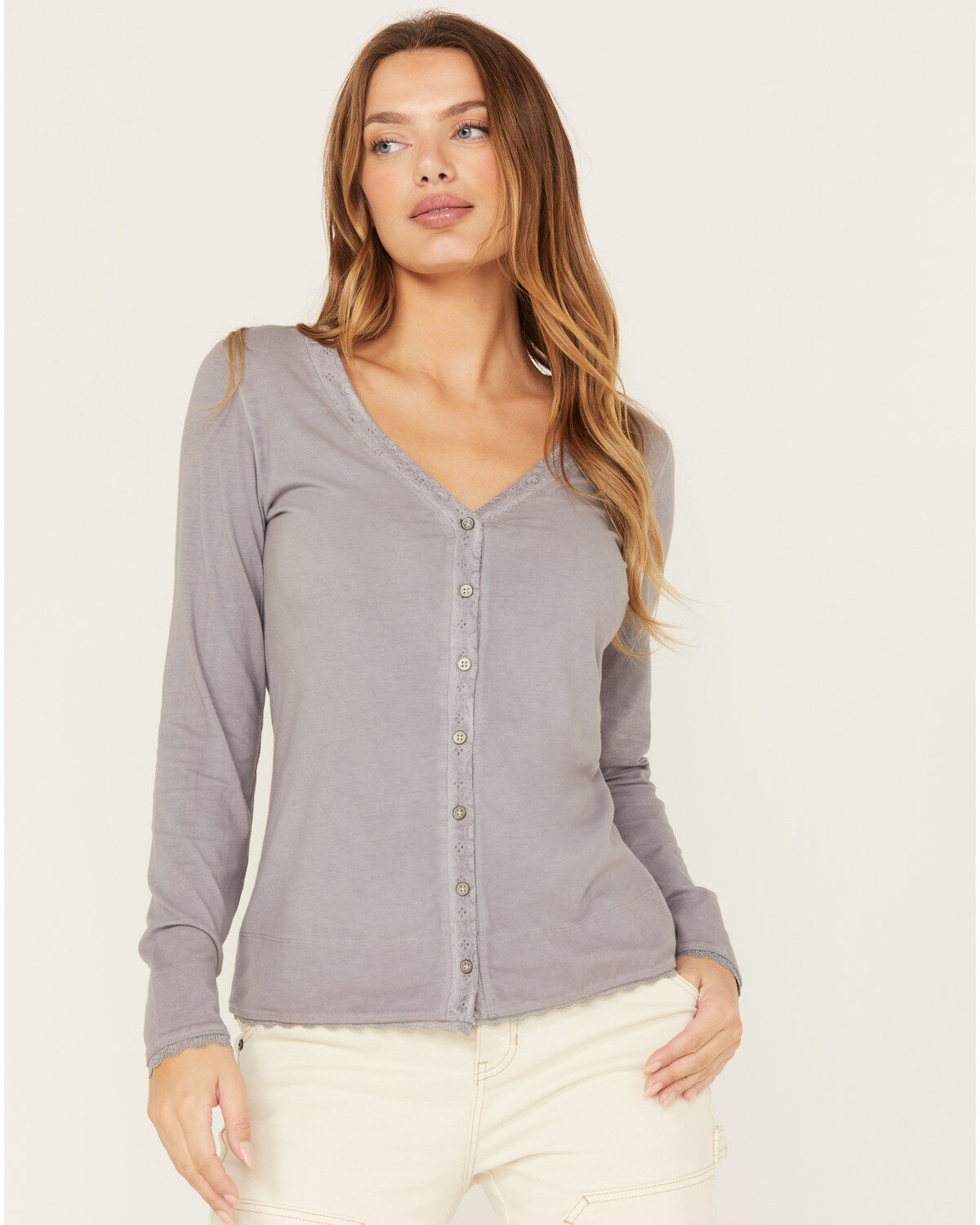 Women's Cleo + Wolf Acid Wash V-Neck Long Sleeve Top
