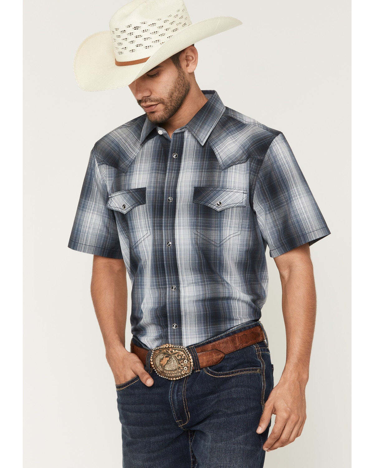 Men's Cody James Weed Wacker Plaid Print Short Sleeve Snap Western Shi