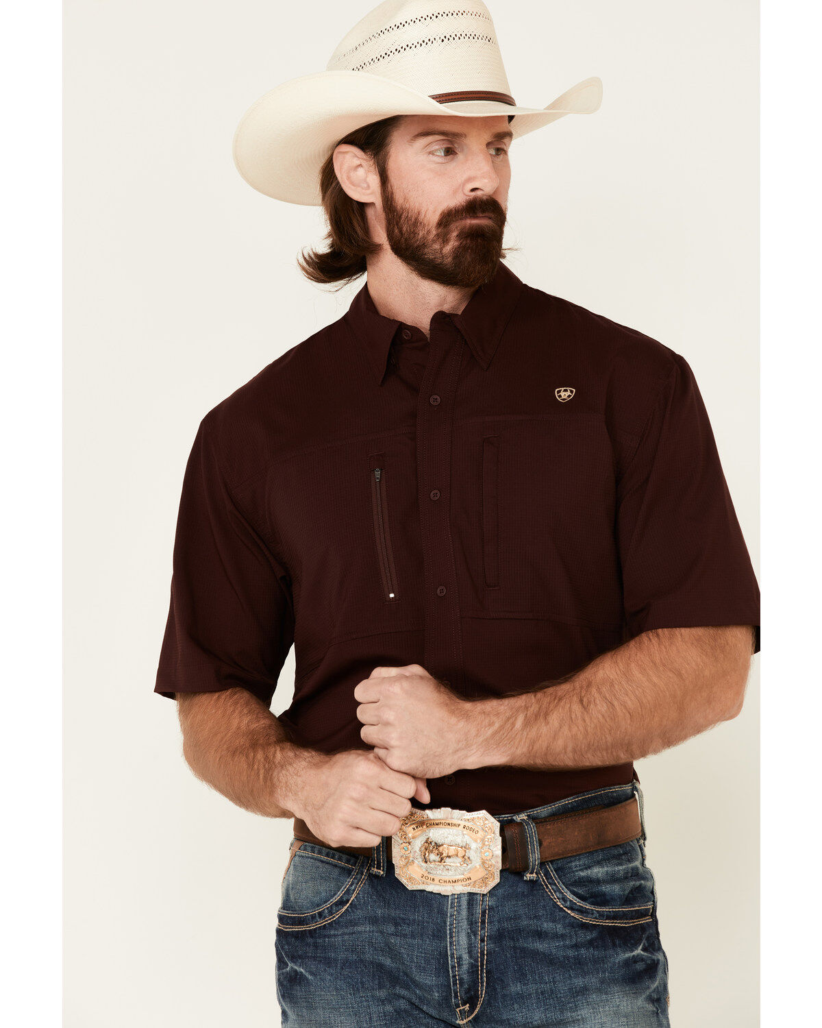 Men's Ariat Solid Maroon TEK Short Sleeve Button-Down Western Shirt -