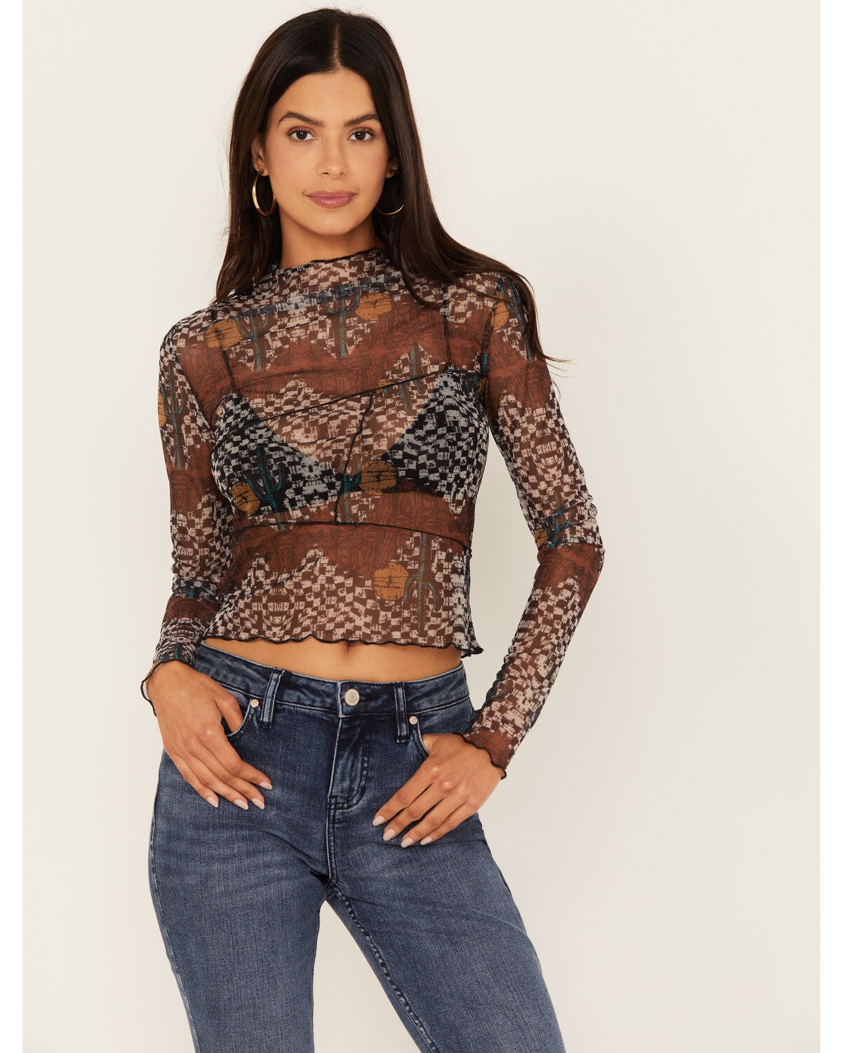 Women's Rock & Roll Denim Floral Check Print Mesh Long Sleeve Top